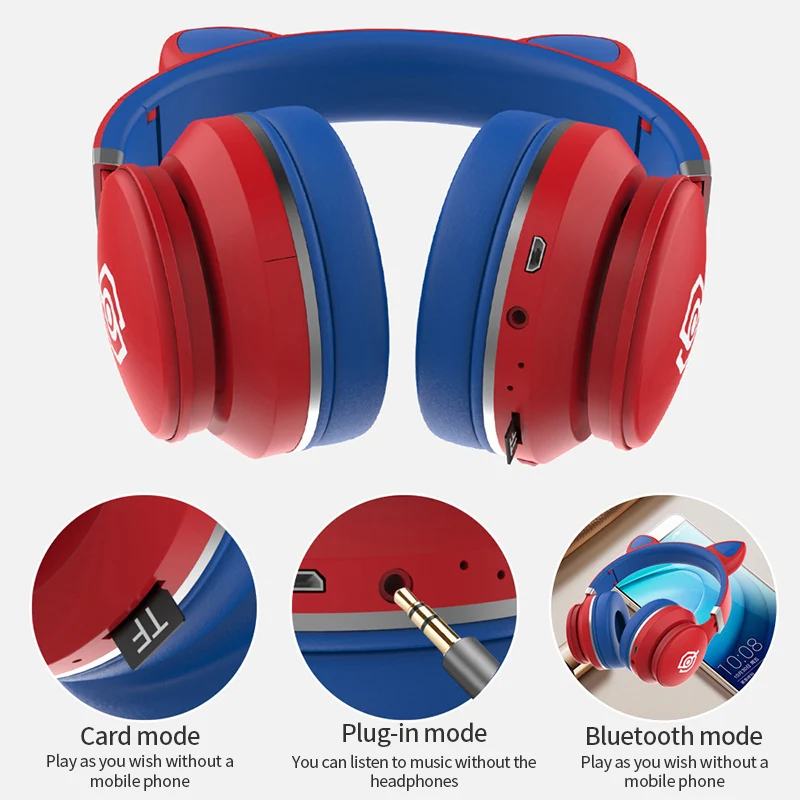 LED Cat wireless Headphones with Microphone Foldable Girl Kid Helmet Phone Tablet Music Bass auriculares bluetooth inalambrico