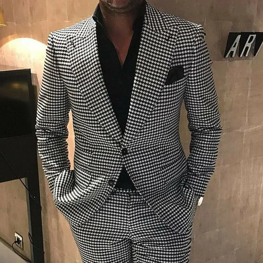 Черный Mens Black&White Houndstooth Tweed Blazer Suits Groom Prom Wedding Tuxedos Lapel - Цвет: Черный