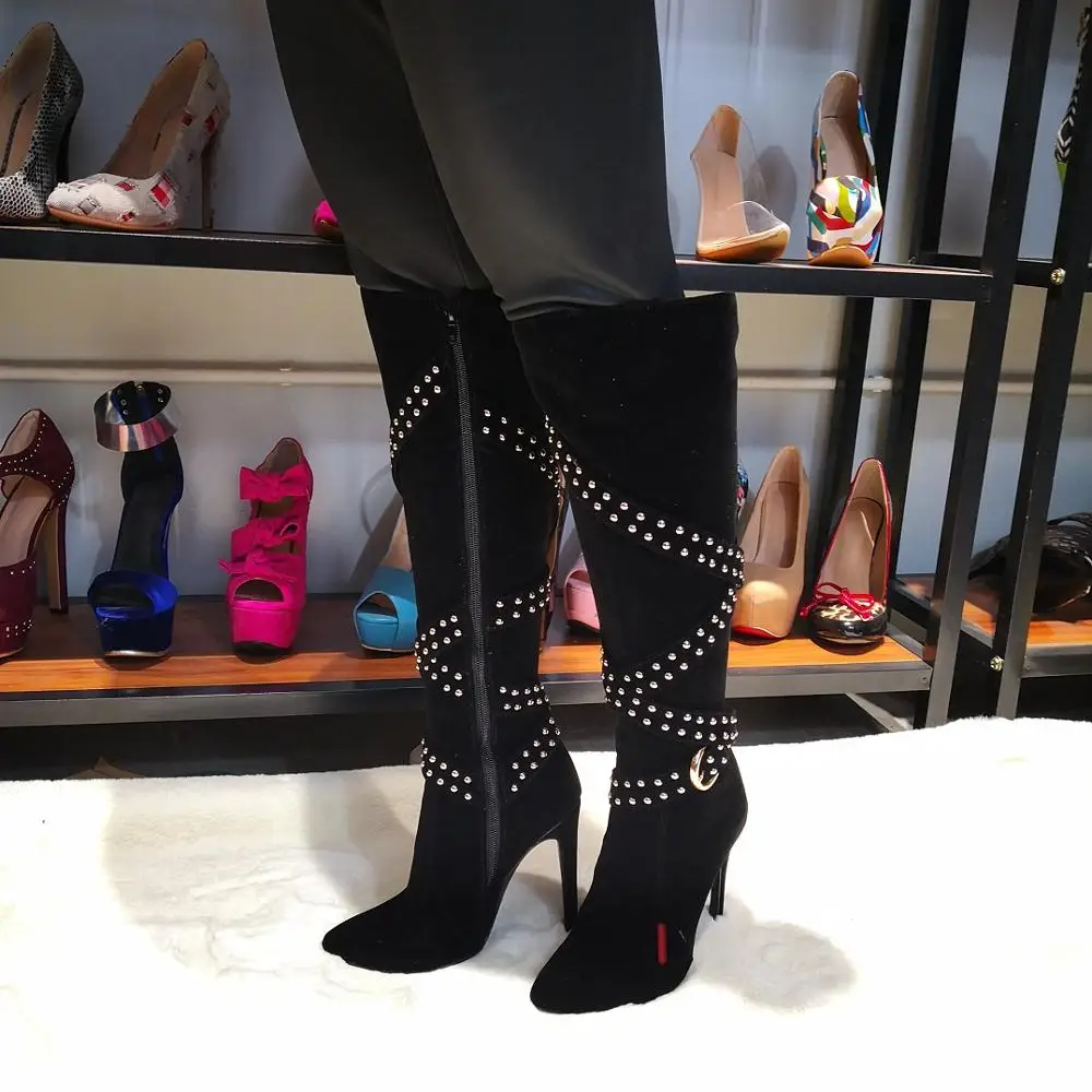 

Ladies 2019 New High Heel Boots Rivets Spikes Straps Deco Knee-booties Fashion Wedding Party Prom Evening Snow Winter Boots 227D