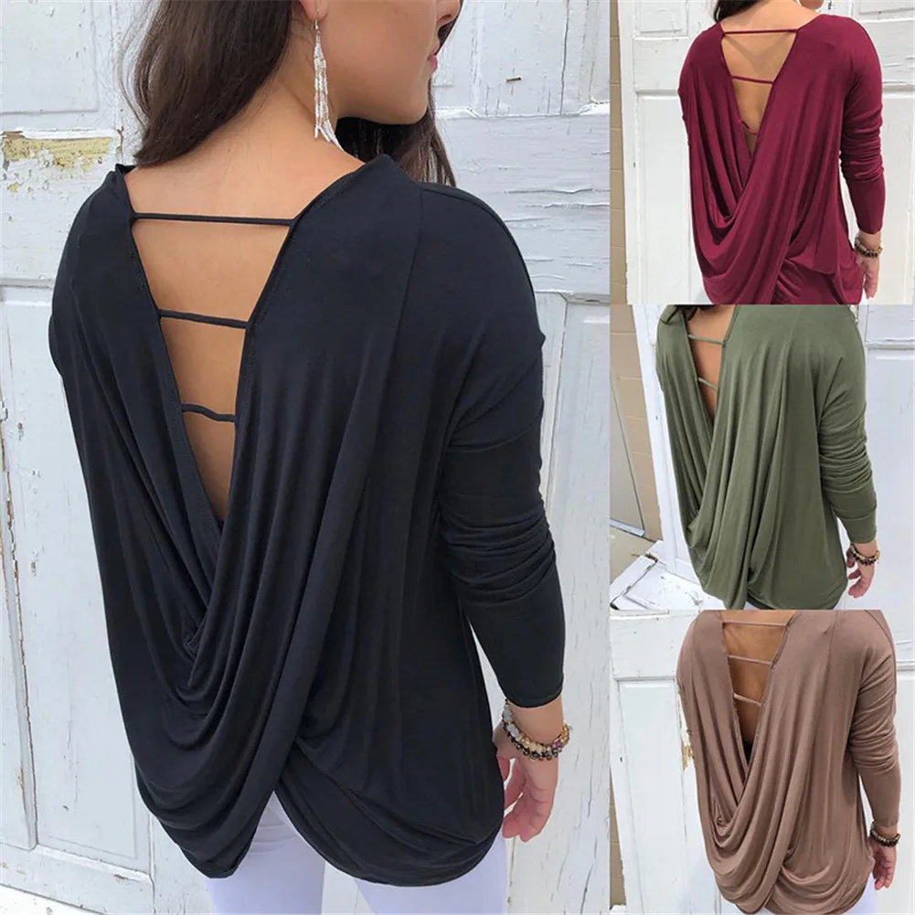 

2019 New Autumn Spring Women Backless Irregular T-shirt Round Neck Long Sleeve Casual Tops Dropshipping