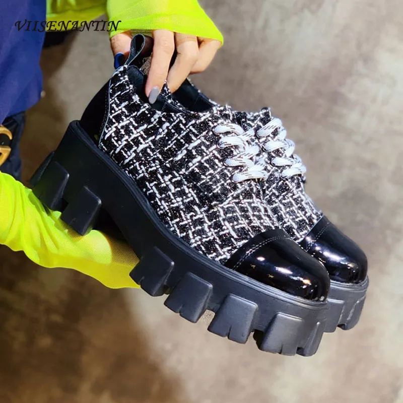 

VIISENANTIN 2020 Spring Female Shoes Sneakers 6cm Flat Platform Casual Fashion Shiny Leather Toe Lace Up Creepers Dress Shoe