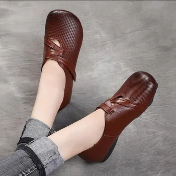 

2019 Autumn New Women Flat Shoes Hook&Loop Ballerina Shoes Mother Soft Genuine Leather Ladies Shoes Handmade Flats Casual Women