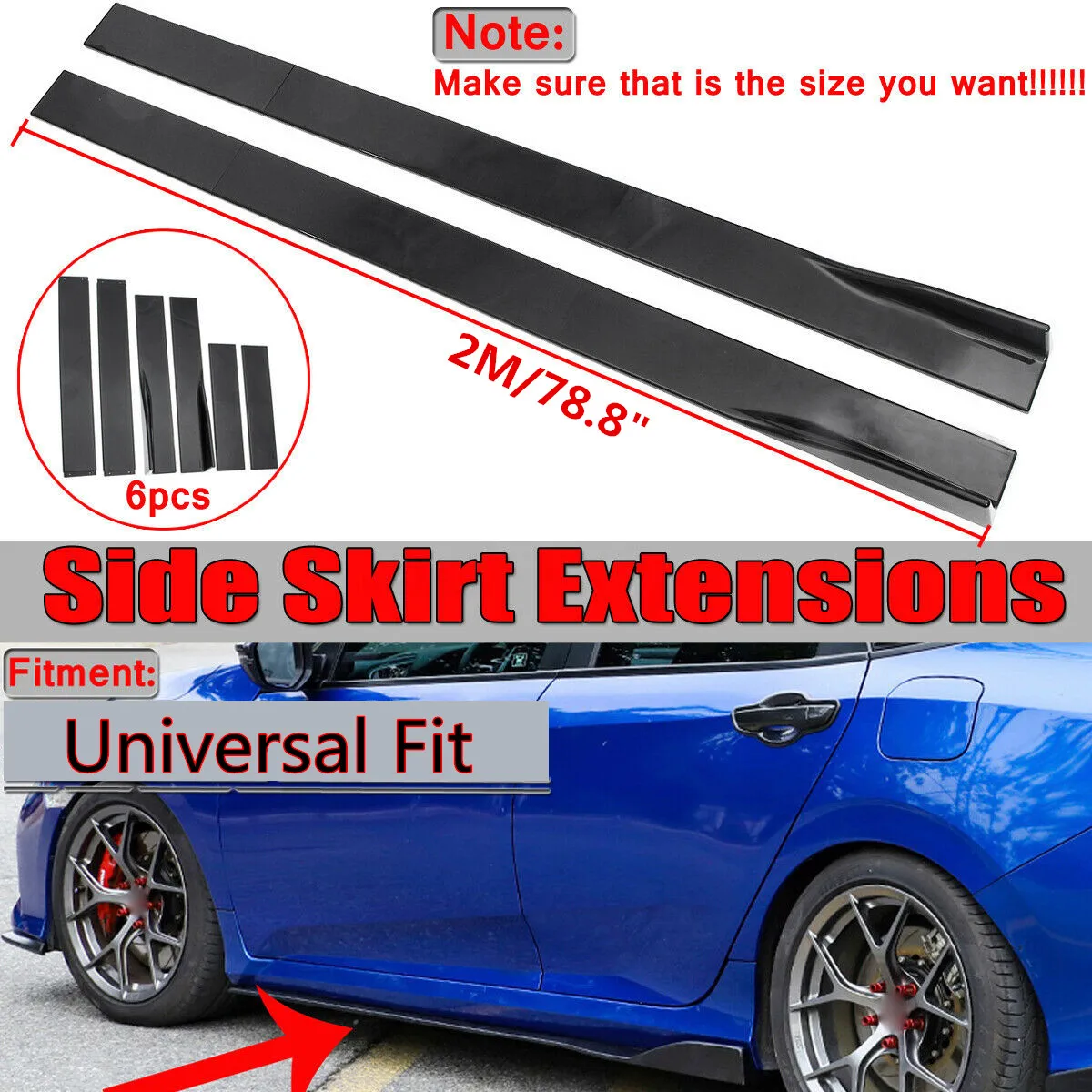 6pcs/set Glossy Black 2meters Universal Car Side Skirts Winglet