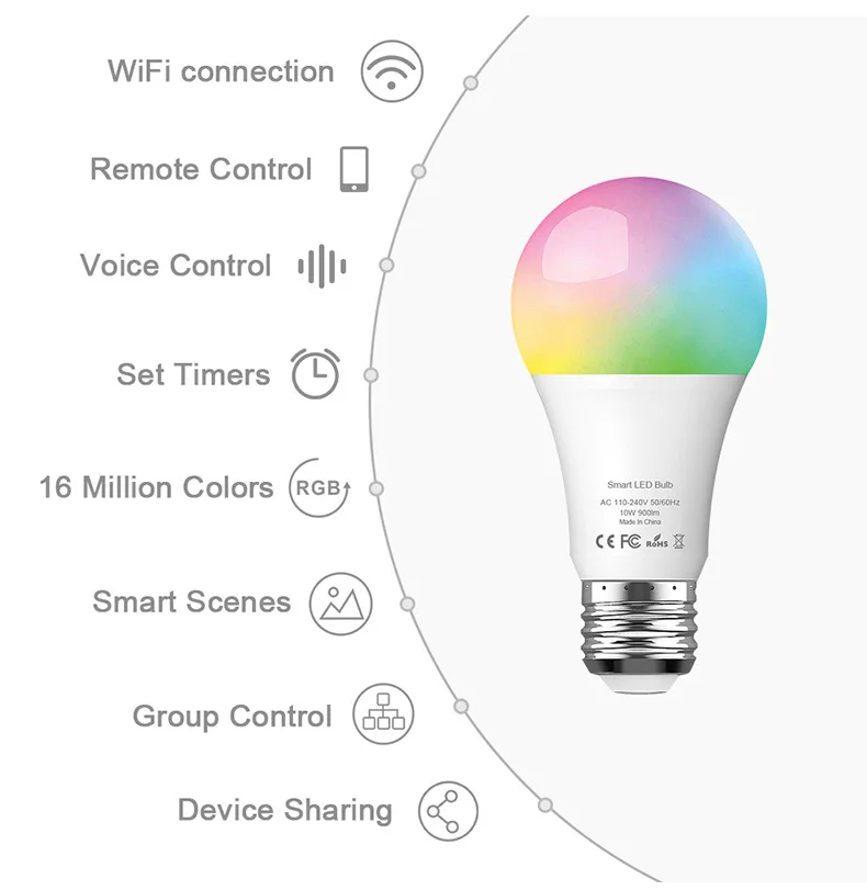 Умный Wifi умный светодиодный светильник Tuya, лампа E27 10 Вт 900Lm RGB+ 6500 К, холодный белый светильник, работает с Alexa Google Home IFTTT