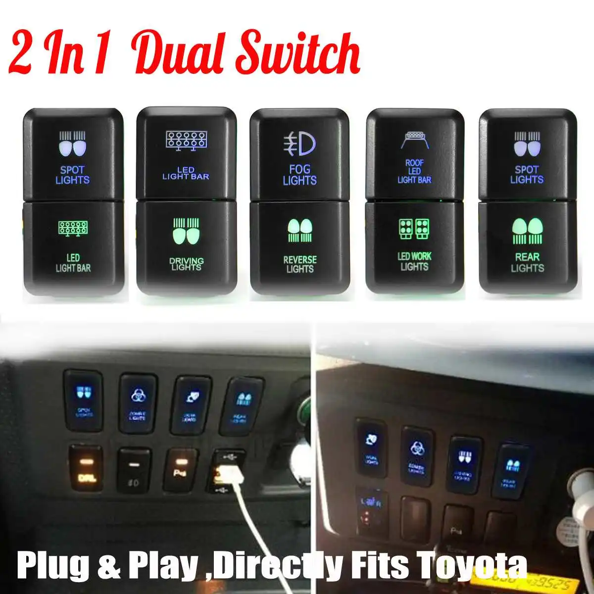 

Dual Spot Fog Driving Roof Work Reverse Rear LED Light Bar Push Button Switch 12V for Toyota Prado Hilux Landcruiser RAV4 HIACE