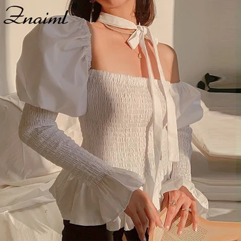 

Znaiml Elegant Autumn Blouse Women Flare Sleeve Fold Shirts Solid Color Tops Square Collar Ruched Blouse Blusas Vintage Shirt