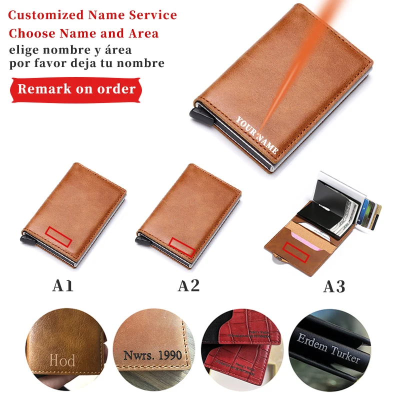 

New Custom Name Credit Card Holder Leather Metal Security RFID Simple Wallet Men's Name Engraved Wallet Business Card Holder