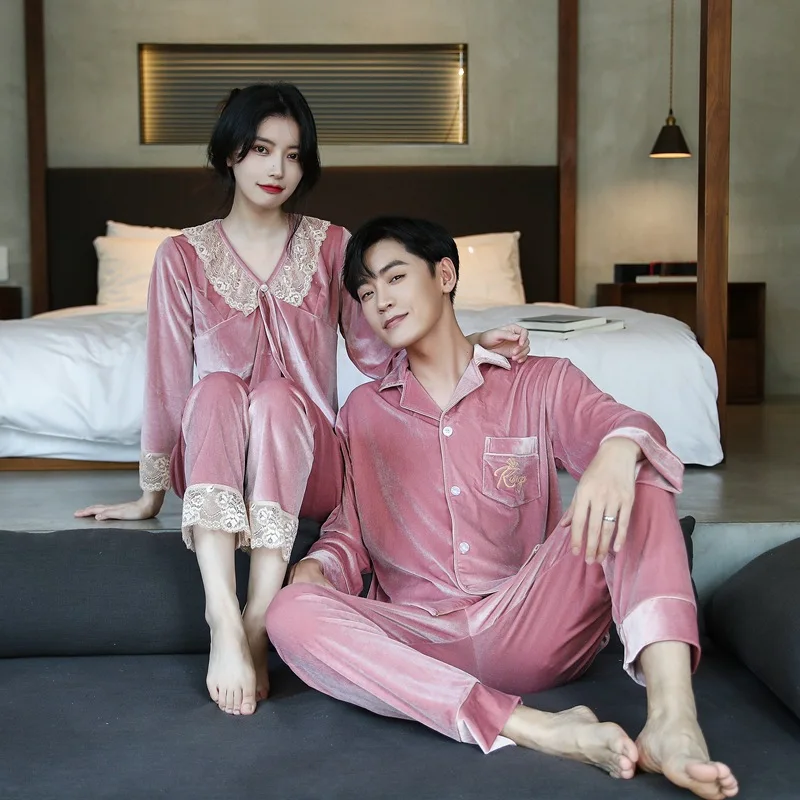 Kupokasi Warm Velvet Women Man Pajamas Set Autumn Winter Sleepwear Long Sleeves Couple Pyjama Female Lace Nightwear