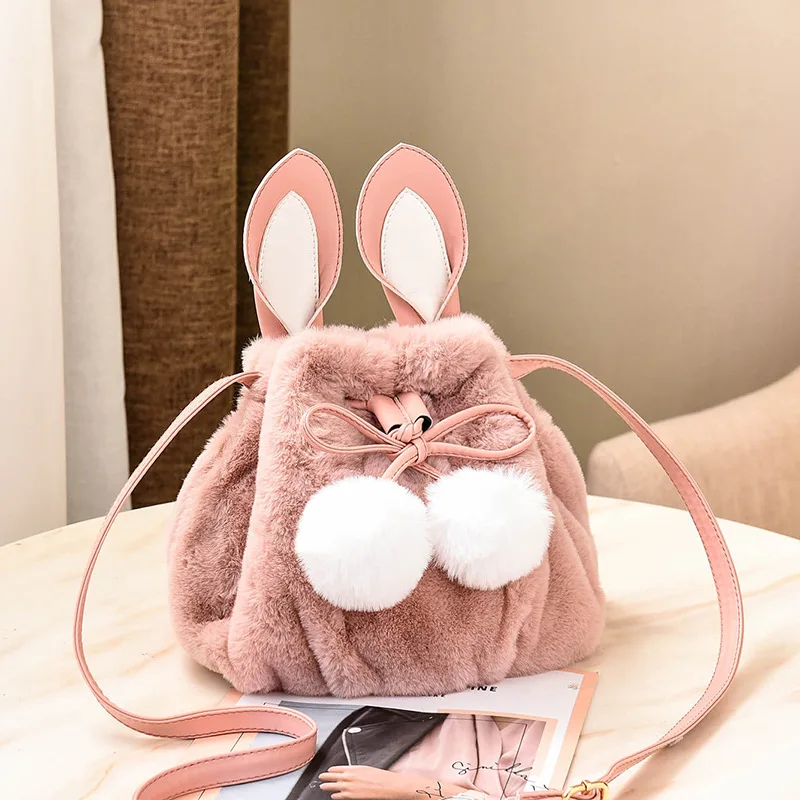 

Plush Mini Bag Women Handbag Cartoon Rabbit Female Shoulder Bags Cute Ear Diagonal Span Bucket Bags