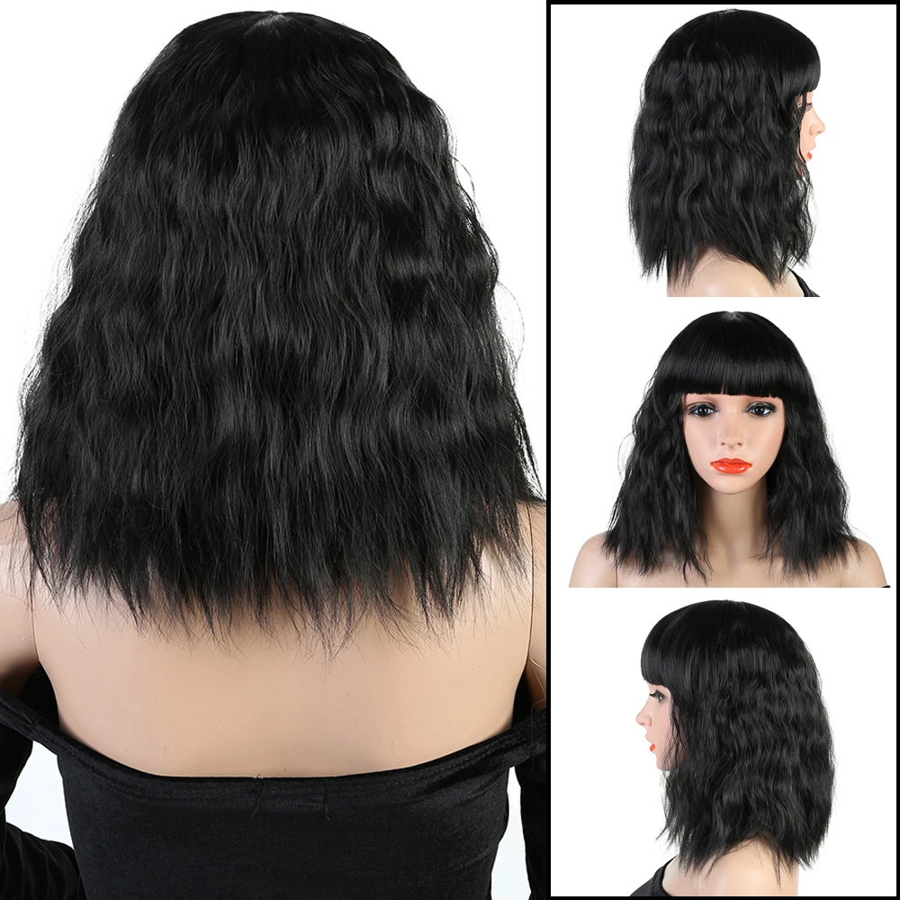 

Allaosily Synthetic Wigs Medium Curly Wigs with Bangs Heat Resistant Cosplay Wig for Black Women Black Blond Wigs