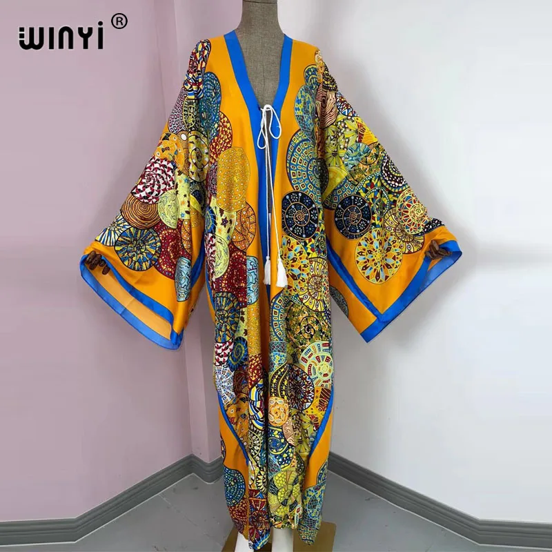 2021 WINYI new Cotton Bikini Sweet Lady Pink Boho Print Self Belted Front Open Long Kimono Dress Beach Tunic Women Wrap Dresses