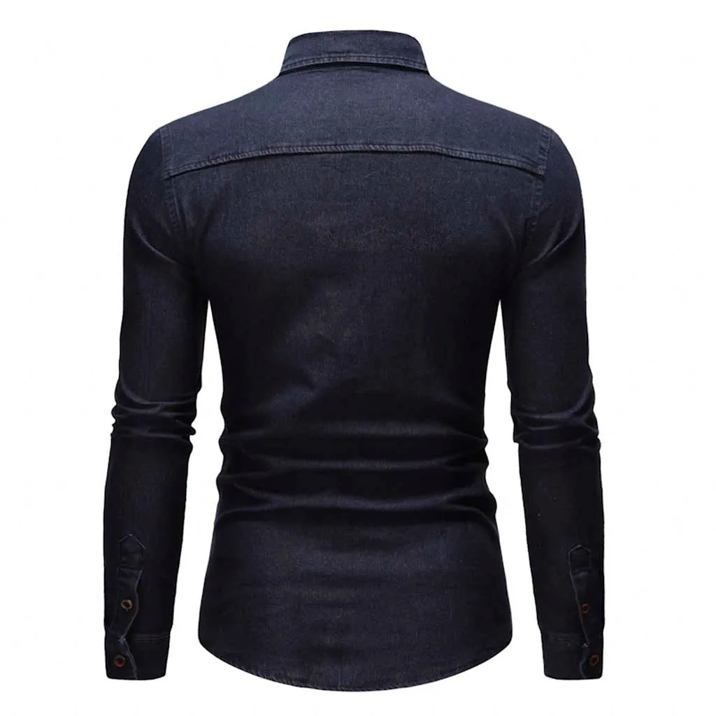 Осень Для мужчин рубашка Повседневное Slim Fit блуза в клетку, Панель на пуговицах, с отложным воротником Для мужчин платье из джинсовой ткани Футболка Топ, рубашка Hombre