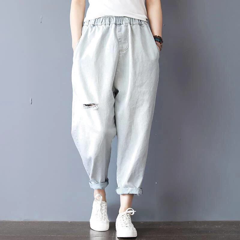Summer New Arts Style Women Elastic Waist Loose Casual Cotton Denim Harem Pants Vintage Bleached Ripped Jeans Big Size M77 | Женская