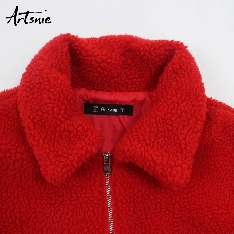 Artsnie зима Повседневная Красная Женская куртка с отложным воротником и длинным рукавом теплые пальто женская уличная куртка с двойными карманами