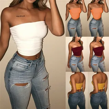 

Local stock Fashion Women Off Shoulder Tube Tops Blouse Strapless Bandeau Crop Top Shirt AU[Blue,S]