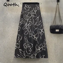 

Qooth Floral Printed High-waisted Fairy Skirt Vintage Chiffon Midi Long Skirts Elegant Office Lady Streetwear A-line Skirt QT786