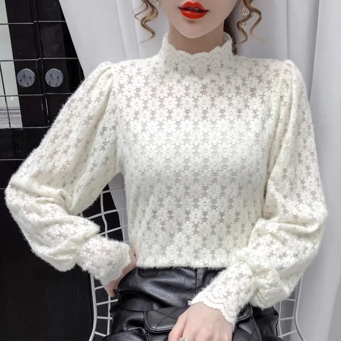 

Camisa de encaje para mujer, suÃ©ter coreano de estilo occidental de otoÃ±o e invierno con medio Cuello, Top de estilo princesa