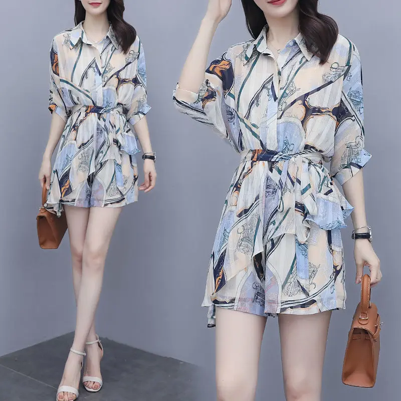 

Suit Female 2023 Summer New Shorts Sets Women's Clothing Fashion Office Lady Turn Collar Print Chiffon Two Pieces Pantsuits