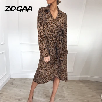 

Leopard Chiffon Dress Women Fashion Dress With Belt Long Sleeve Turn Down Collar Beach Sundresses Robe Femme Vestidos 2XL