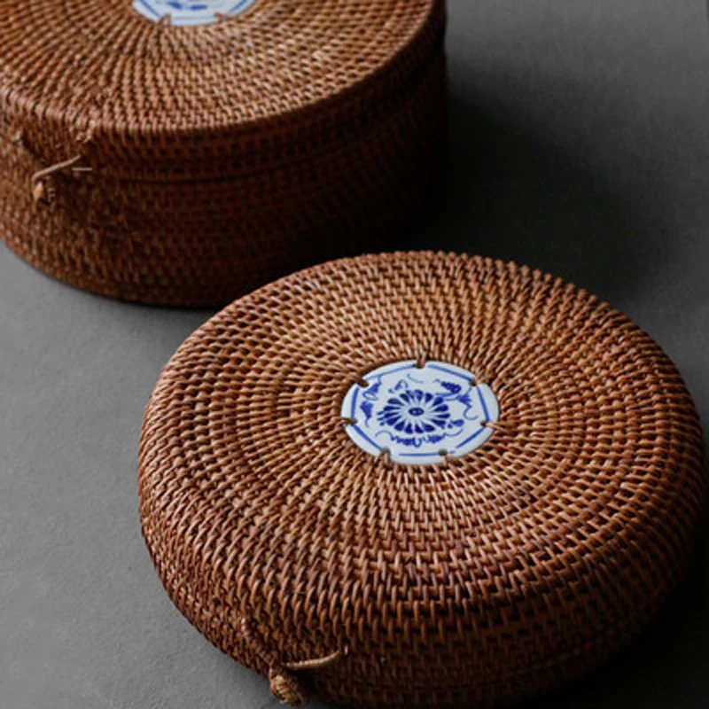 Woven Storage Chests with Lid and Button, Hand- woven Rattan, Desktop Storage Box Basket, Kung Fu Teaware,Tea Ceremony Accessory 4