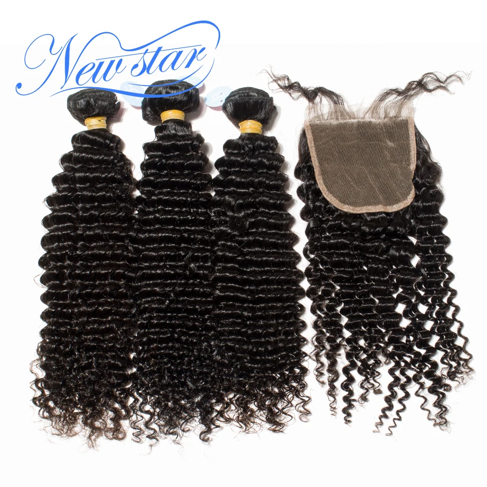 

New Star Brazilian Curly Virgin Hair Weaving 3 Bundles Extension With A 4x4 Lace Closure 100% Human Hair Weave And Closure Deal