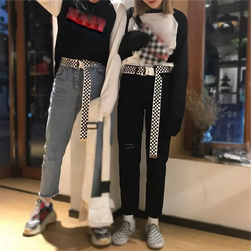 Модный Черный Красный Клетчатый парусиновый ремень Harajuku мужские и женские