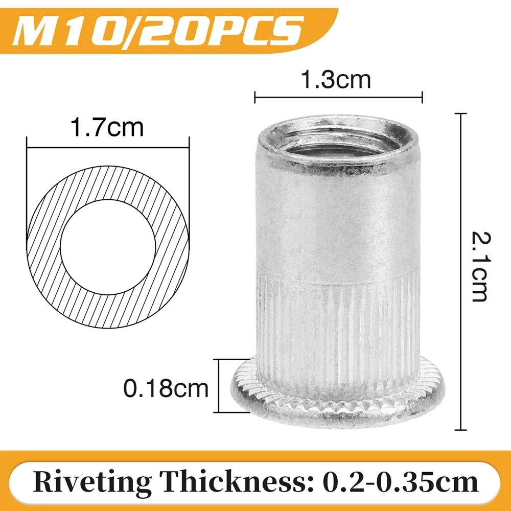 Aluminum Alloy Rivet Nuts M3 M4 M5 M6 M8 M10 Flat Head Threaded Insert Nut Rivet Cap Set Threaded Nuts 20pcs