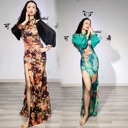 Belly Dance Printing Practice Clothes Suit New Oriental Dance Practice Clothes Off-Shoulder High Collar Autumn and Winter Belly