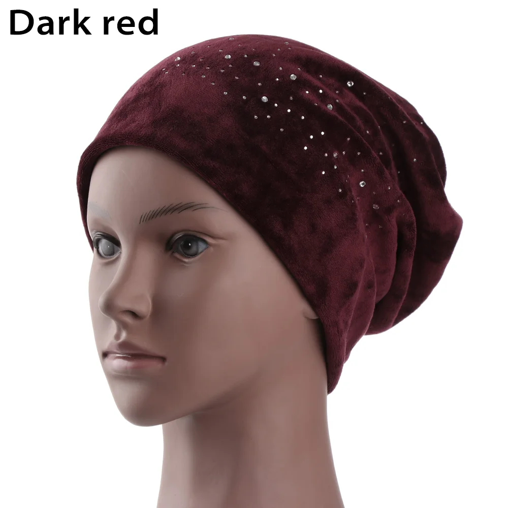 dark red Зимняя бархатная шапка бини женская шапка блестящие стразы бини для женщин трикотажная шапка с черепами шапки Skullies Bonnet Прямая поставка - Цвет: dark red