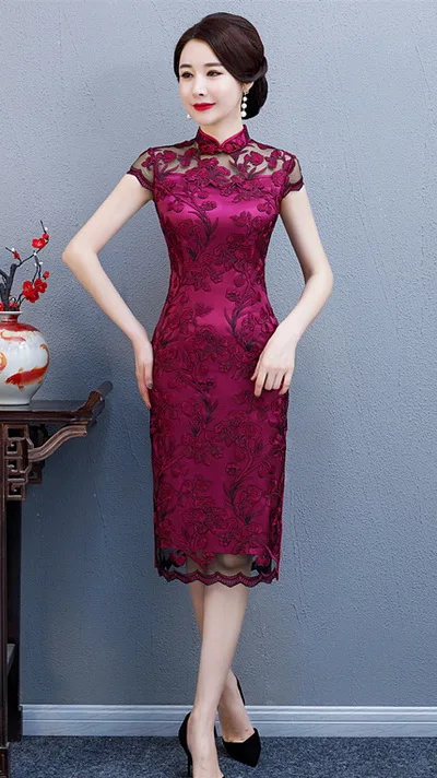 Кружевной cheongsam Тощий представление показывает сексуальный выдалбливают китайский стиль моды вышивка cheongsam - Цвет: Rose red