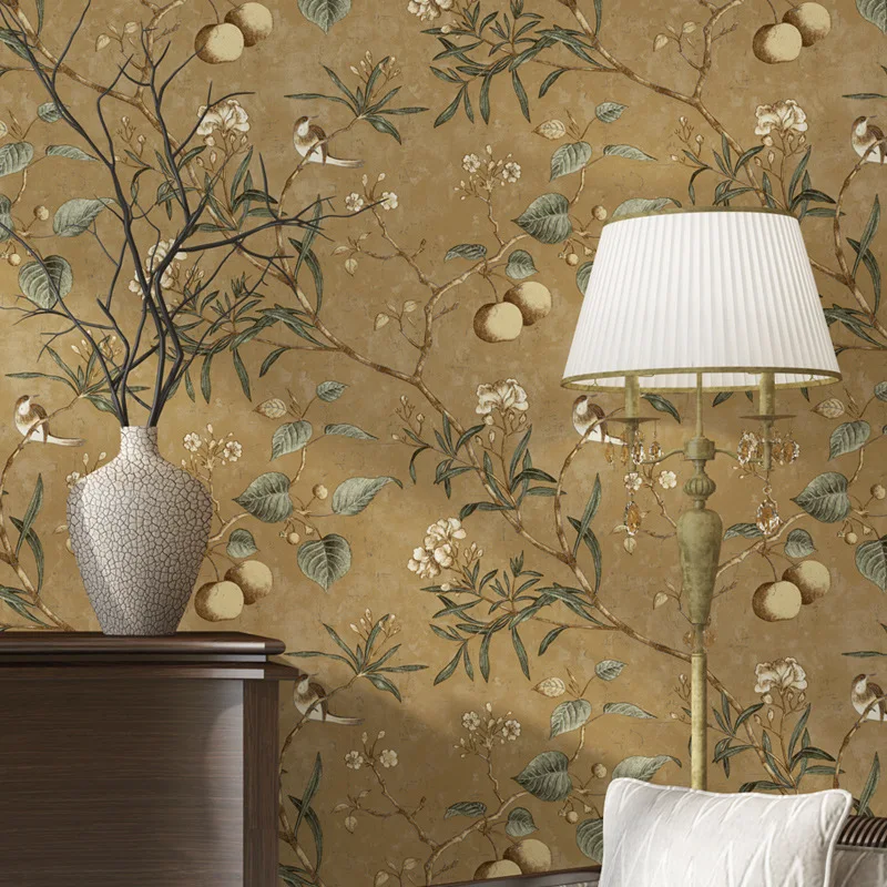 

New American Vintage Retro Flower-bird Pattern Wallpaper Apple Tree Bedroom Living Room Background Nonwoven Fabric Pastoral Styl
