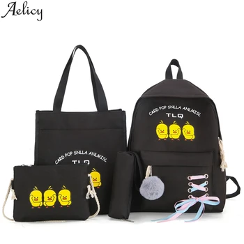 

Aelicy 4Pcs/Set Ribbon Chain Bowknot Letter Canvas Backpack Travel Rucksacks Leisure Backpacks For Teenage Girls School Bagpack