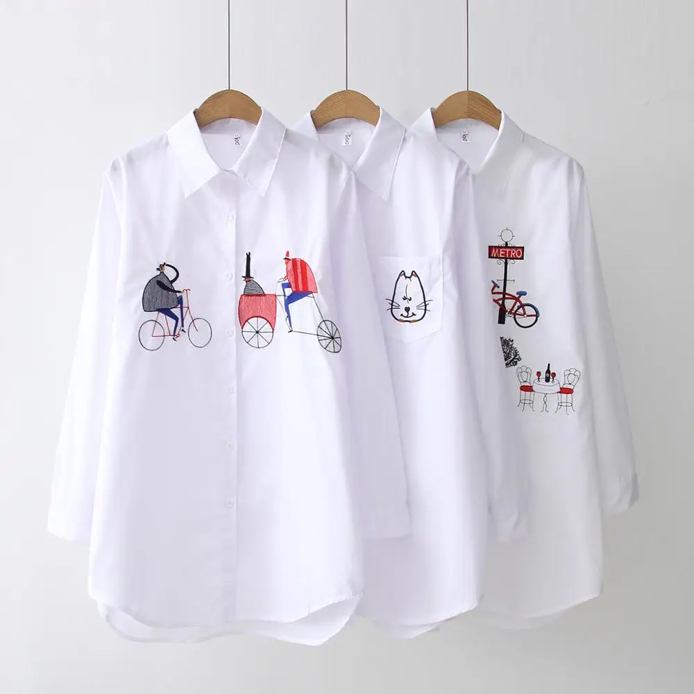 

2019 new white shirt casual button button collar collar long sleeve cotton shirt embroidered shirt