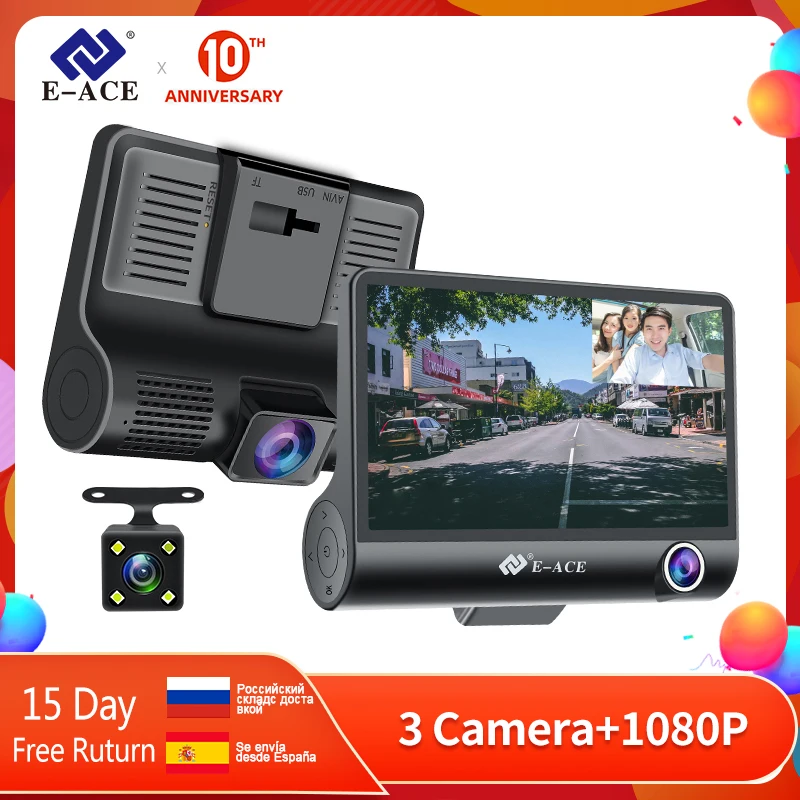 E-ACE Dashcam 4,0 дюйма Мини Автомобильный видеорегистратор FHD 1080P Автомобильная камера Автомобильный регистратор 3 камеры объектив с камерой задн... E-ACE Dashcam 4,0 дюйма Мини Автомобильный видеорегистратор FHD 1080P Автомобильная камера Автомобильный регистратор 3 камеры объектив с камерой задн...