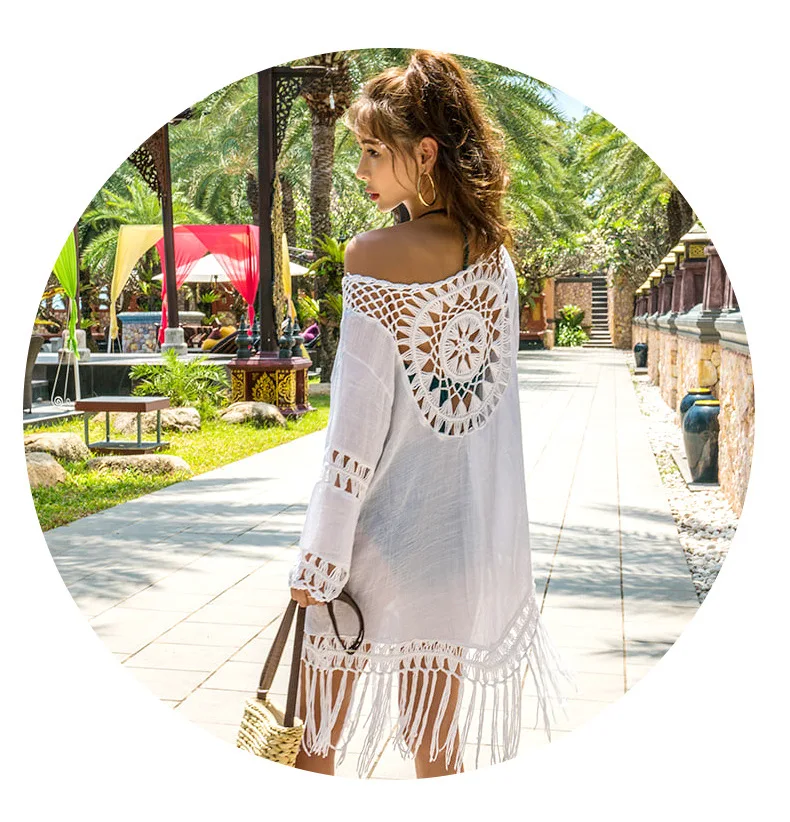 White Tassel Crochet Bikini Cover Up Sexy Back Cut Out Kimono Women Beach Bathing Suit Beachwear Tunic Shirt