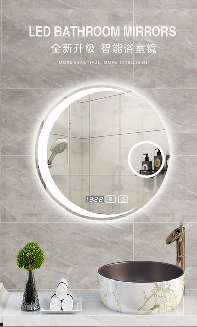 Espejo de baño redondo LED con marco dorado/negro, espejo de maquillaje  decorativo iluminado para hotel, con 3 LED de color ajustable, 23.6 in,  27.6