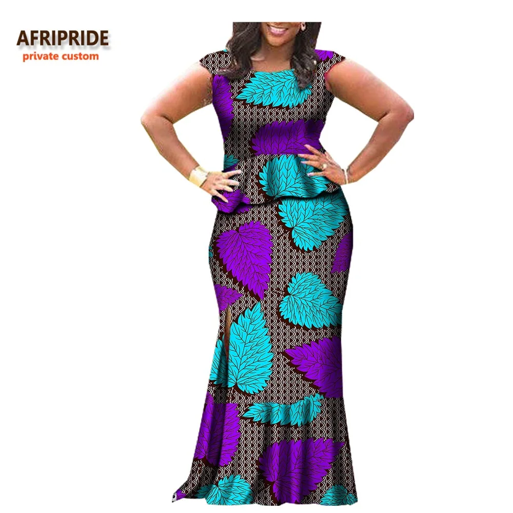 Afripride, 2 предмета, юбка, костюм, Африканский принт, без рукавов, топ+ Длина по щиколотку, юбка с Боковым Разрезом, Женский Повседневный хлопковый костюм, A722655