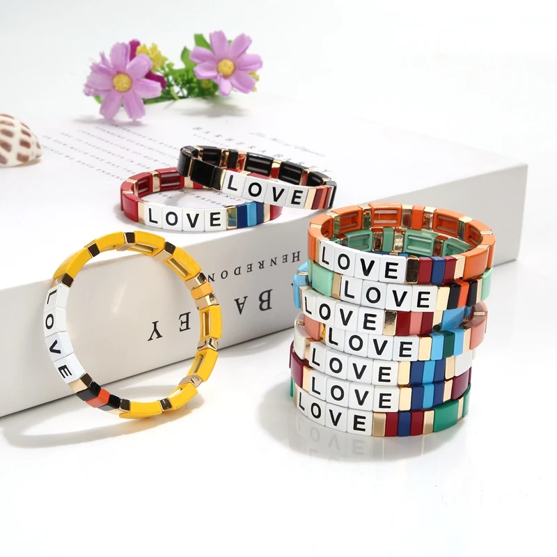 Handmade Fahion Painted Metal Bracelets Elastic Stretch Enamel Beaded