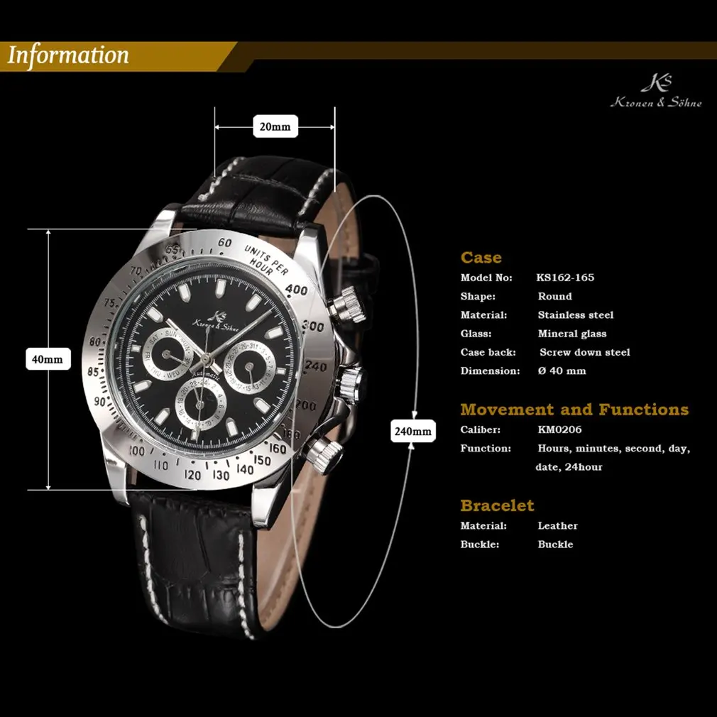 Ks Императорский Календарь день дата дисплей мужские часы Relojes черная кожа полностью стальные автоматические механические часы с автоматическим подзаводом/KS165