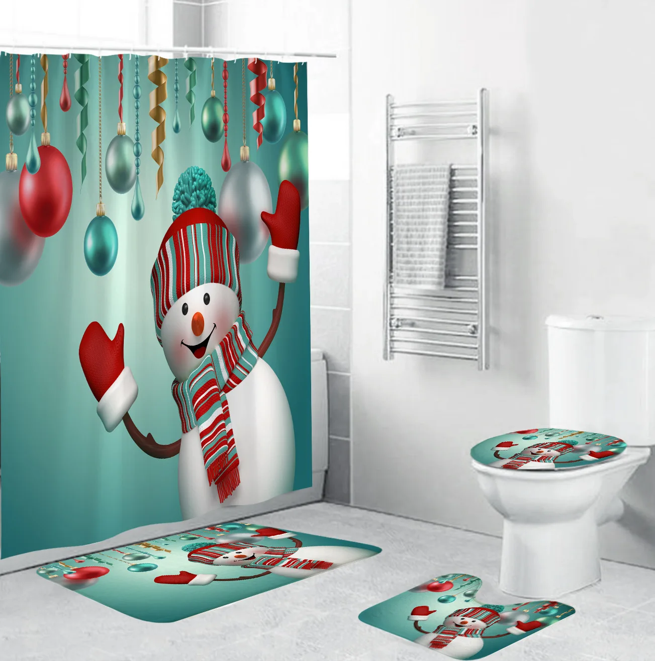 Рождественская занавеска для душа, набор для ванной, снеговик, Рождественский колокольчик, водонепроницаемый туалетный нескользящий коврик, u-образный коврик, новогодний коврик