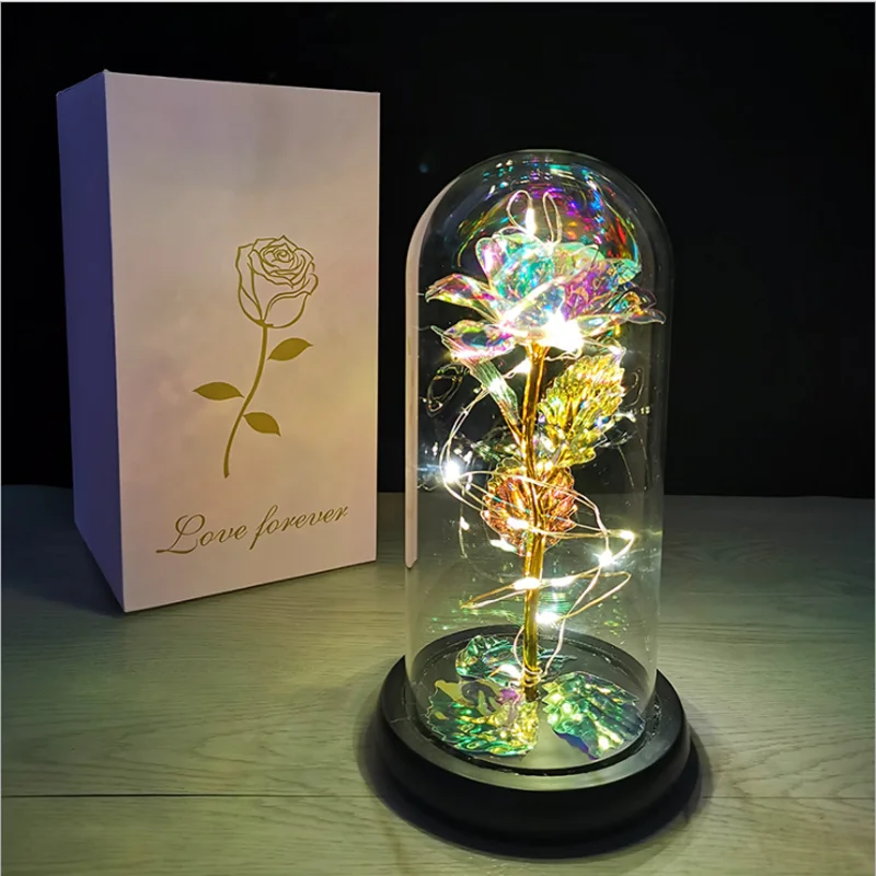 Valentines Day Gift Artificial Flowers Rose Eternal Rose In Glass Led