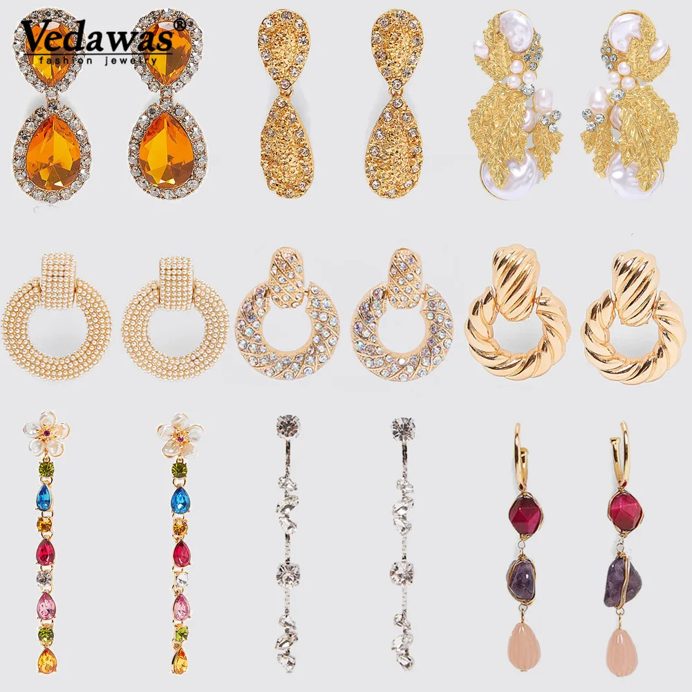 

Vedawas Vintage ZA Gold Round Metal Drop Earrings Women Wedding 2019 Fashion Party cz Crystal Dangle Statement Earrings Jewelry