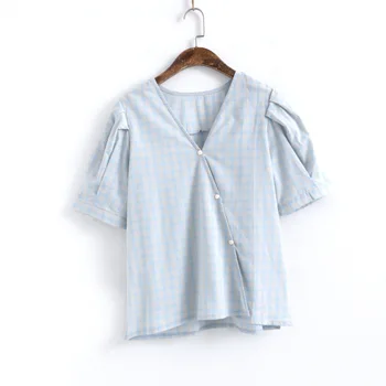 

Women 2020 Summer Retro Casual Slim Thin Girl V-neck Slant Placket Tops Female Bubble Sleeves Single-breasted Lattice Blouse