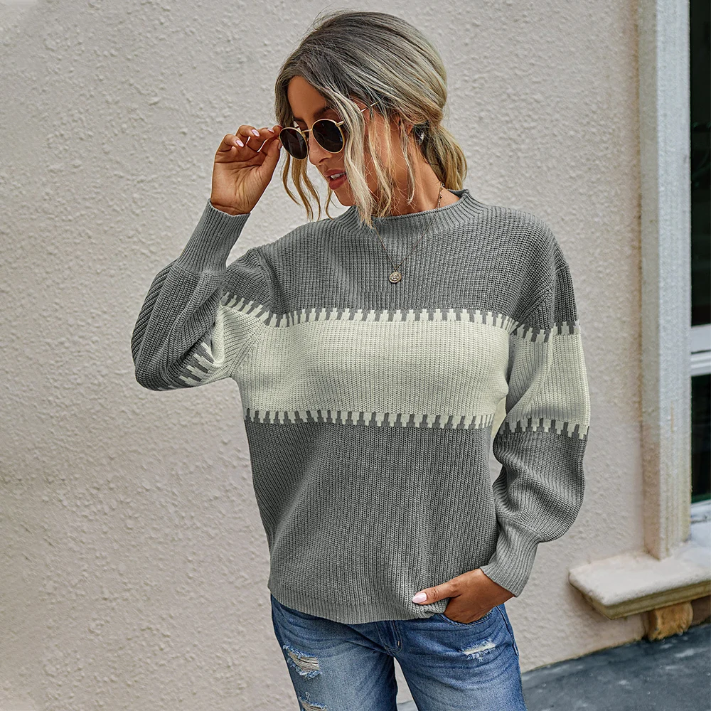 

Turtleneck Autumn Women's Sweater Solid Color Contrast Knitted Tops Winter Loose Warm Sweater Casual Plus Size Female Clothing