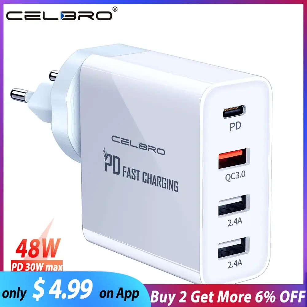 

4 Ports Smart USB PD Charge 48W Quick Charger 3.0 For IPhone 11 Pro Max Samsung USB Adapter Type C PD Fast Wall Charger Cable