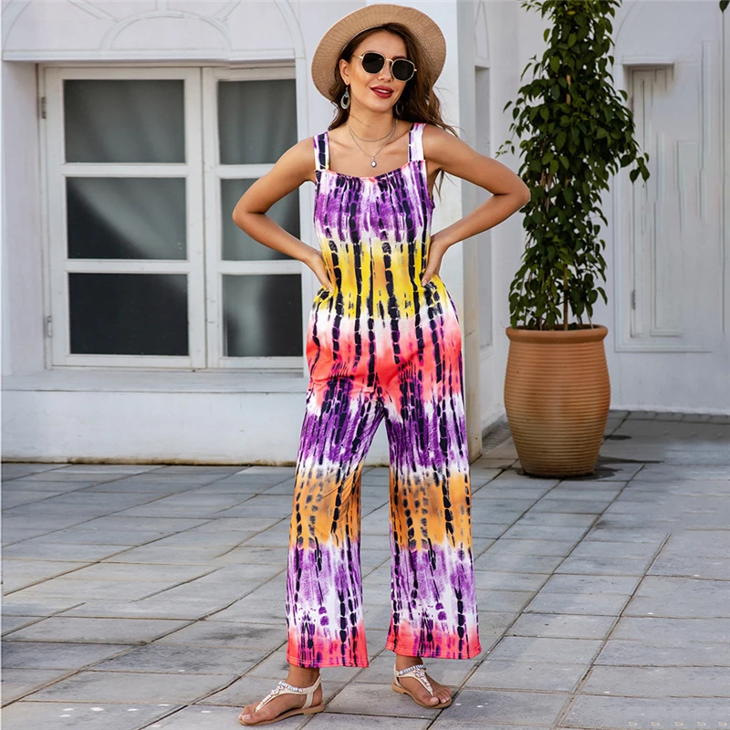 Summer Casual Print Pockets Women Jumpsuits Bohemian 2021 Fashion Wide Leg Loose