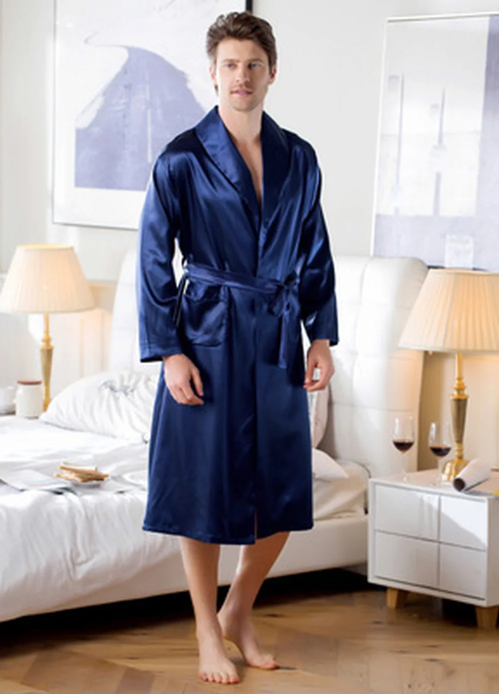 

LISN 2019 autumn and winter new pajamas simulation silk nightgown home clothes ice silk pajamas long cardigan bathrobe