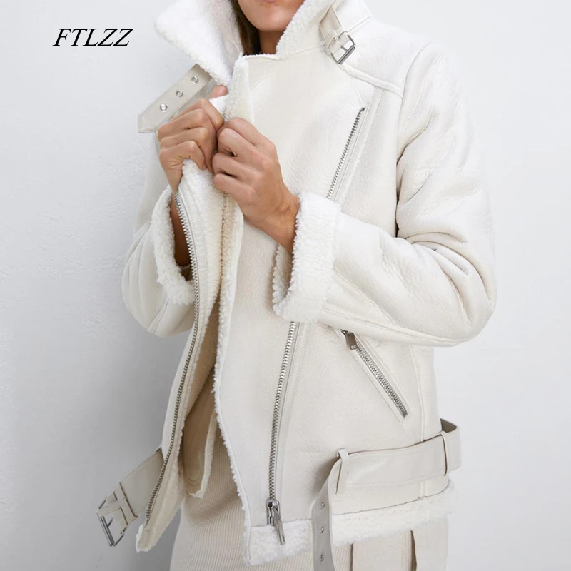 abrigo cálido FTLZZ-Chaqueta de piel de oveja sintética para mujer 