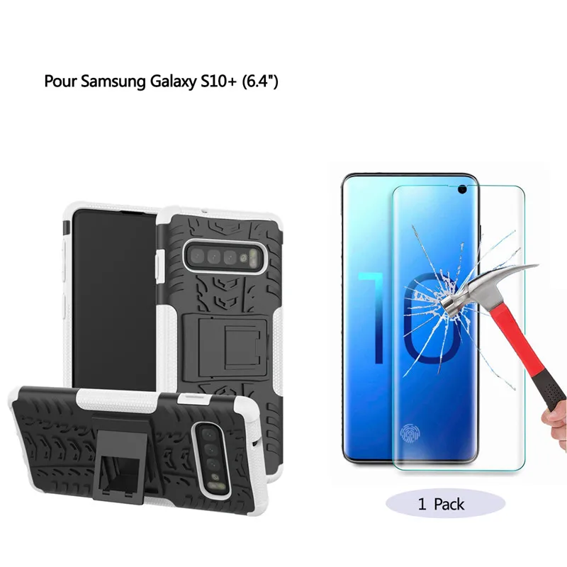 Для samsung Galaxy S10+ чехол из мягкого силикона ТПУ и ПК ударопрочный анти-осенний HD экран протектор из закаленного стекла 1 шт - Цвет: White