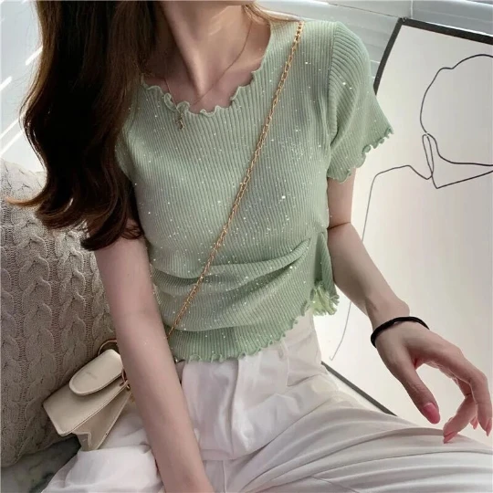 

Green Summer Lady Women Knitting Crop Tops Short Sleeve Stretchy Ruffles Bright crystal T-shirts Shinning Ice silk Fashion Cloth